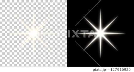 Bright white 8-point starlight effect - transparent and black background 127916920