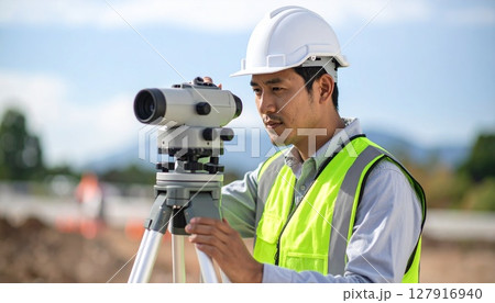 測量器械で工事予定地の工程測量をする男性 127916940