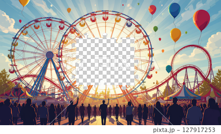 中心に透明なパズルピースがある遊園地の風景 127917253