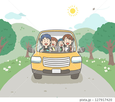 山道のドライブを楽しむ笑顔の家族／ファミリーのベクターイラスト 127917420