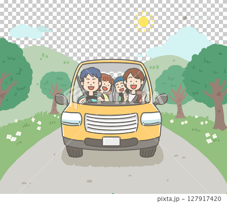 山道のドライブを楽しむ笑顔の家族／ファミリーのベクターイラスト 127917420