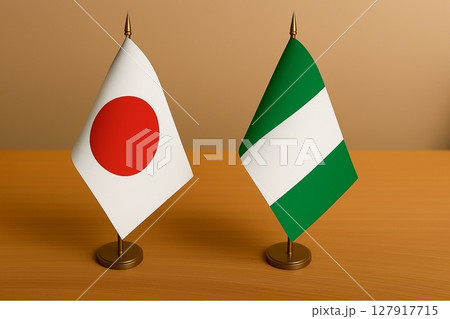 机の上に並べられた日本国旗とナイジェリア国旗 机の上に並べられた日本国旗とナイジェリア国旗 127917715
