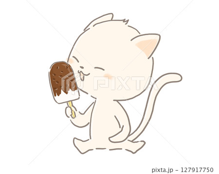 チョコアイスを食べる白猫のイラスト チョコアイスを食べる白猫のイラスト 127917750