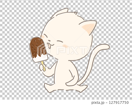 チョコアイスを食べる白猫のイラスト チョコアイスを食べる白猫のイラスト 127917750