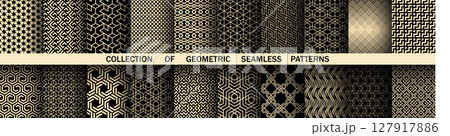 Geometric set of seamless black and golden patterns. Simple vector graphics Geometric set of seamless black and golden patterns. Simple vector graphics 127917886