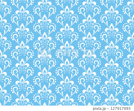 Wallpaper in the style of Baroque. White and black floral ornament. Seamless vector background. Graphic pattern for fabric, wallpaper, packaging. Ornate Damask flower illustration. 127917893