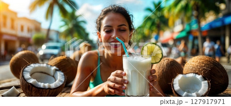 Young Woman Enjoying Coconut Drink on Tropical Vacation, Palm Trees and Beach Vibe, Summer 127917971