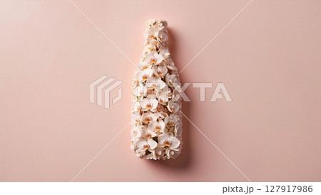 Creative floral design of a glass bottle made of pink orchids on a pink background. Creative floral design of a glass bottle made of pink orchids on a pink background. 127917986