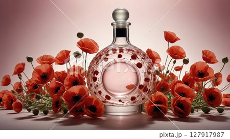 Graceful glass bottle filled with fresh red poppies standing on a soft pink background for decoration Graceful glass bottle filled with fresh red poppies standing on a soft pink background for decoration 127917987
