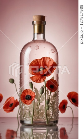 Graceful glass bottle filled with fresh red poppies standing on a soft pink background for decoration Graceful glass bottle filled with fresh red poppies standing on a soft pink background for decoration 127917988