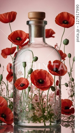 Glass Bottle with Red Poppy Flower on Reflective Surface with Poppies 127917990