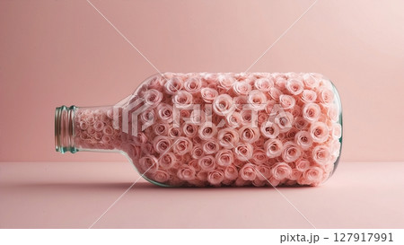 Charming Display of Abundant Delicate Pink Roses in a Glass Bottle Against a Soft Pink Background 127917991