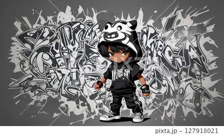 A young man confidently wearing a black hoodie and orange shoes against a vibrant graffiti backdrop 127918021