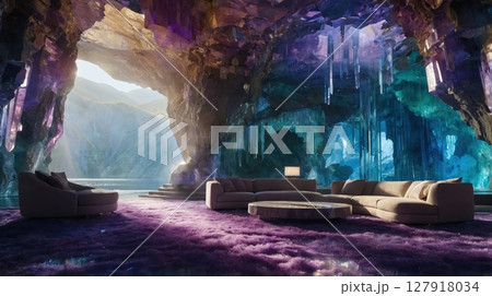 Luxury Cave Interior with Comfortable Furnishings and a Stunning View, Ideal for Relaxation 127918034