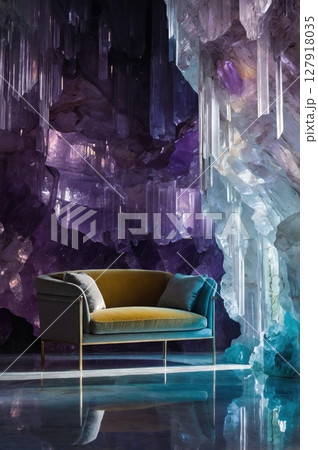 Luxurious Velvet Couch in a Surreal Crystal Cave, a Fantasy Interior Decoration Concept. Luxurious Velvet Couch in a Surreal Crystal Cave, a Fantasy Interior Decoration Concept. 127918035