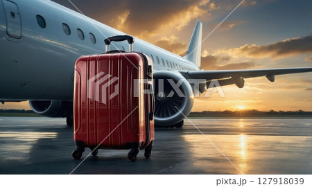 Red Suitcase and a Passenger Airplane on the Runway at Sunset, Airport Travel Concept 127918039