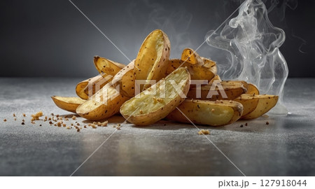 Pile of Freshly Baked Potato Wedges with Spices and Herbs, Served Hot with Visible Steam Pile of Freshly Baked Potato Wedges with Spices and Herbs, Served Hot with Visible Steam 127918044