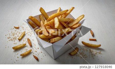 Golden French Fries in a White Paper Container A Classic Comfort Food Delight Golden French Fries in a White Paper Container A Classic Comfort Food Delight 127918046