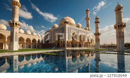 Bibiheybat Mosque s Exquisite Reflection on the Caspian Sea, Baku, Azerbaijan. A Cultural Landmark. 127918049