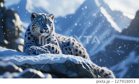 Majestic Snow Leopard Resting on Snowy Rock in Mountain Landscape, Winter Scene, Wildlife, Portrait 127918053