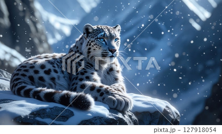 Majestic Snow Leopard Resting in Snowy Mountains, Wildlife Beauty, Winter Scene, Feline 127918054