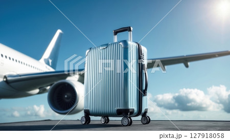 Travel Suitcase Awaiting Flight Embarkation on Runway, Ready for Global Exploration 127918058