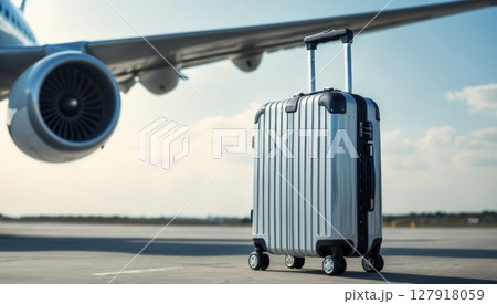 Suitcase Ready for Adventure Travel Companion on the Airport Tarmac, Airplane in the Background 127918059