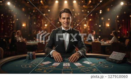 Elegant Man at Casino Blackjack Table with Cards and Chips, Ready for High Stakes Game Elegant Man at Casino Blackjack Table with Cards and Chips, Ready for High Stakes Game 127918060