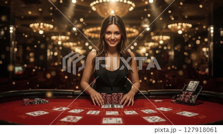 Elegant Woman Dealer at Casino Table with Cards and Chips, Smiling Confidently. Atmosphere Elegant Woman Dealer at Casino Table with Cards and Chips, Smiling Confidently. Atmosphere 127918061