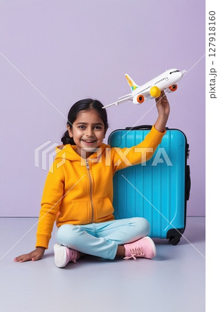Little Girl s Imagination Takes Flight Dreams of Travel with Toy Airplane and Suitcase 127918160