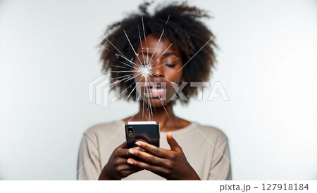 Frustrated Woman with Broken Smartphone Screen Digital Device Damage Concept Studio Shot 127918184