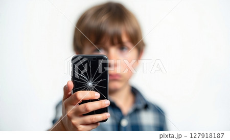 Upset Young Boy Holding a Broken Smartphone with Cracked Screen Display in His Hand 127918187