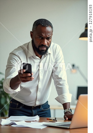 A focused middle-aged African-American businessman examines his phone with concern. He stands at a desk filled with papers and a laptop, conveying a sense of frustration and worry A focused middle-aged African-American businessman examines his phone with concern. He stands at a desk filled with papers and a laptop, conveying a sense of frustration and worry 127918193