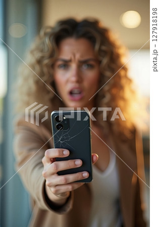 Frustrated Woman Holding Broken Mobile Phone Displaying Damage, Expressing Disappointment Frustrated Woman Holding Broken Mobile Phone Displaying Damage, Expressing Disappointment 127918198