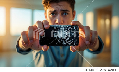 Frustrated Man Holding Broken Smartphone with Cracked Screen Display in Dispair. 127918204