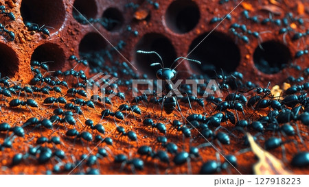 Thousands of Black Ants Marching in a Single File on Red Soil Towards the Viewer Under Bright Light Thousands of Black Ants Marching in a Single File on Red Soil Towards the Viewer Under Bright Light 127918223
