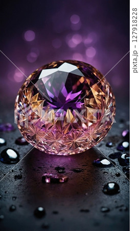 Round Brilliant Cut Purple Amethyst Gemstone in a Gold Setting on Purple Glitter Background Round Brilliant Cut Purple Amethyst Gemstone in a Gold Setting on Purple Glitter Background 127918228