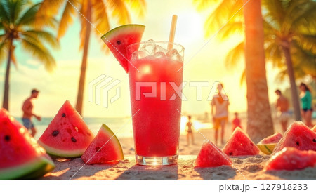 Refreshing Watermelon Juice on Tropical Beach with Palm Trees and Sunset Scenery. 127918233