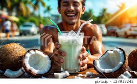 Smiling Man Enjoying Refreshing Coconut Drink on Tropical Vacation, Beach Vibes. Smiling Man Enjoying Refreshing Coconut Drink on Tropical Vacation, Beach Vibes. 127918242