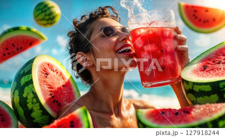 Refreshing Watermelon Delight Woman Enjoying Summer with a Glass of Juice on the Beach. Refreshing Watermelon Delight Woman Enjoying Summer with a Glass of Juice on the Beach. 127918244