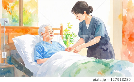 女性介護士がベッドを整えている水彩風イラスト 127918280