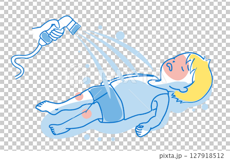 圖示為中暑急救人員用水管噴水 圖示為中暑急救人員用水管噴水 127918512