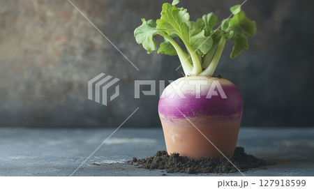 Turnip vegetable on clay pot and soil organic botanical gardening Turnip vegetable on clay pot and soil organic botanical gardening 127918599
