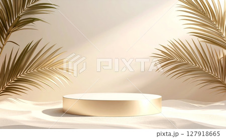 Golden Circular Platform Amid Palm Leaves on Light Beige Background with Light and Shadow Golden Circular Platform Amid Palm Leaves on Light Beige Background with Light and Shadow 127918665