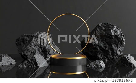 Black and Gold Circular Platform on Black Stone Background Black and Gold Circular Platform on Black Stone Background 127918670