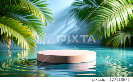 Circular Platform on Still Water with Palm Leaf Background 127918672