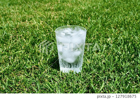 芝生の上に置かれた「氷と水の入ったグラス」 芝生の上に置かれた「氷と水の入ったグラス」 127918675