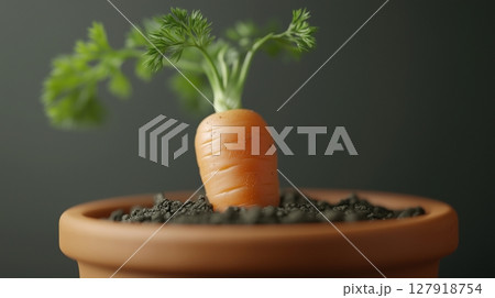 Carrot vegetable clay pot and soil miniature house plant botanical decoration 127918754
