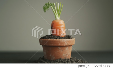 Carrot vegetable clay pot and soil miniature house plant botanical decoration 127918755