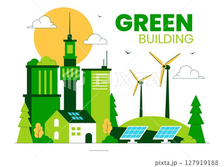 Green Building Vector Illustration Featuring a Beautiful Modern Eco Friendly Green City Panoramic View with Skyscrapers, Ecology and Sustainability Green Building Vector Illustration Featuring a Beautiful Modern Eco Friendly Green City Panoramic View with Skyscrapers, Ecology and Sustainability 127919188